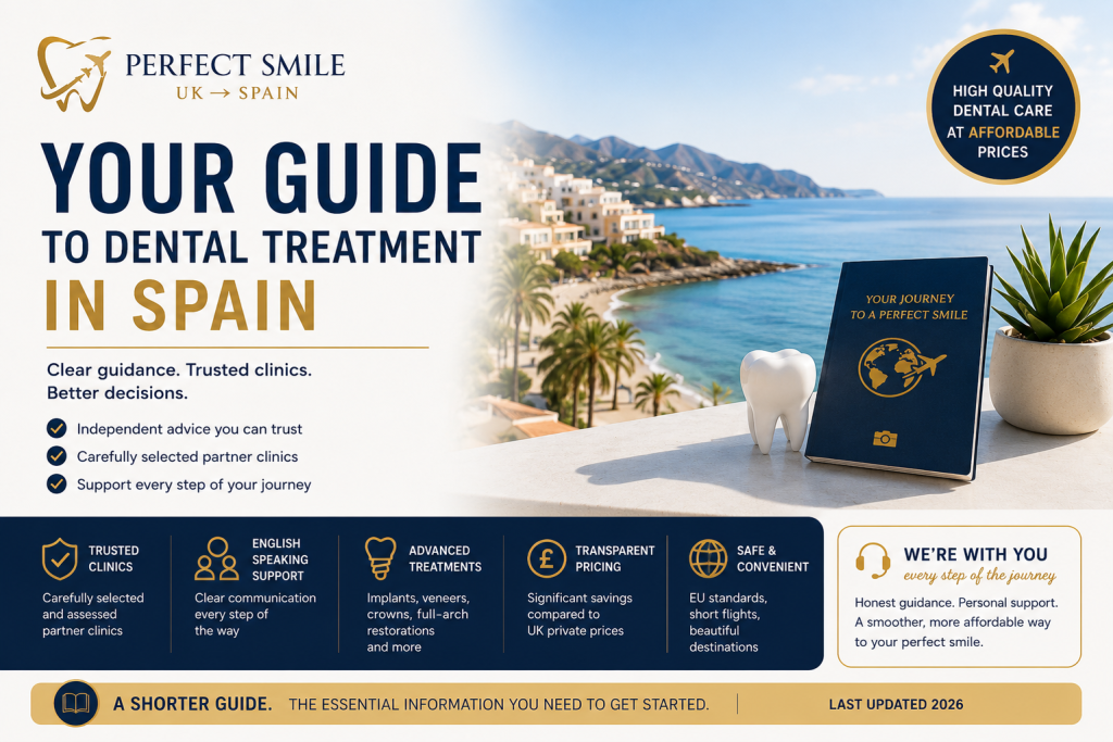 Your Guide to Dental Treatment in Spain Guide to dental treatment in Spain, featuring a coastal view and informative text.